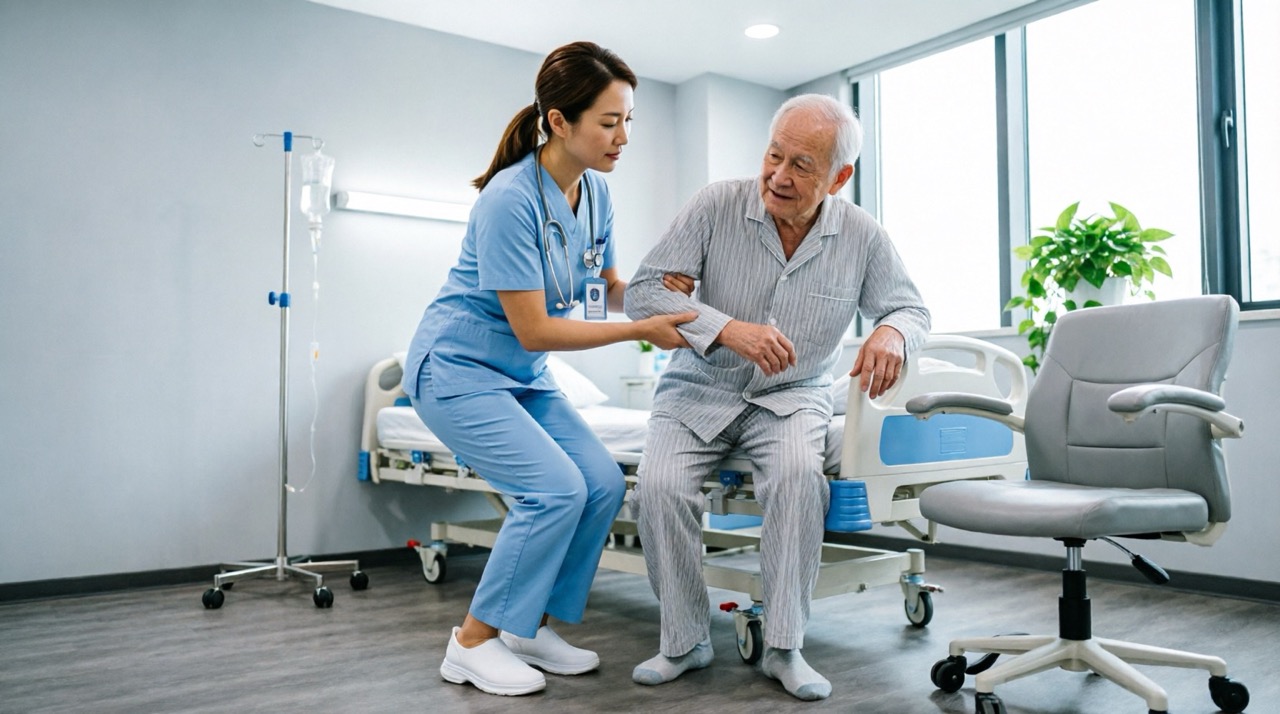 Professional nurse carefully assisting elderly patient from hospital bed